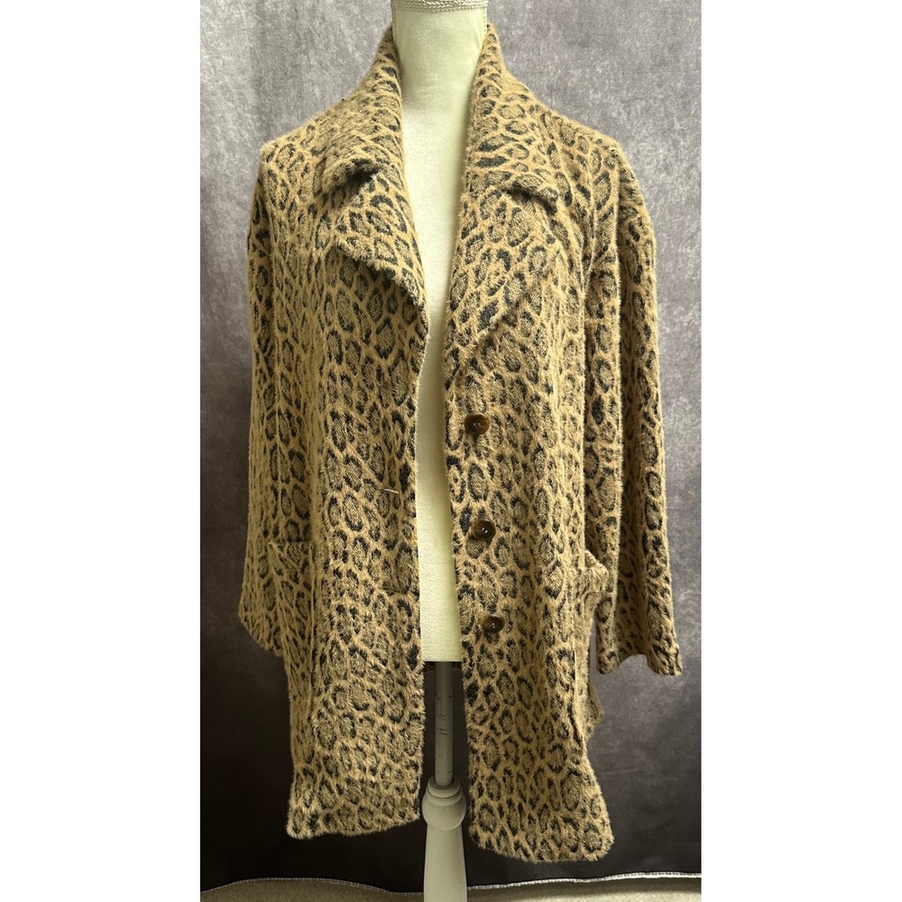 Avec Les Filles Leopard Print Fuzzy Knit Cardigan Coat Brown Black Pockets L